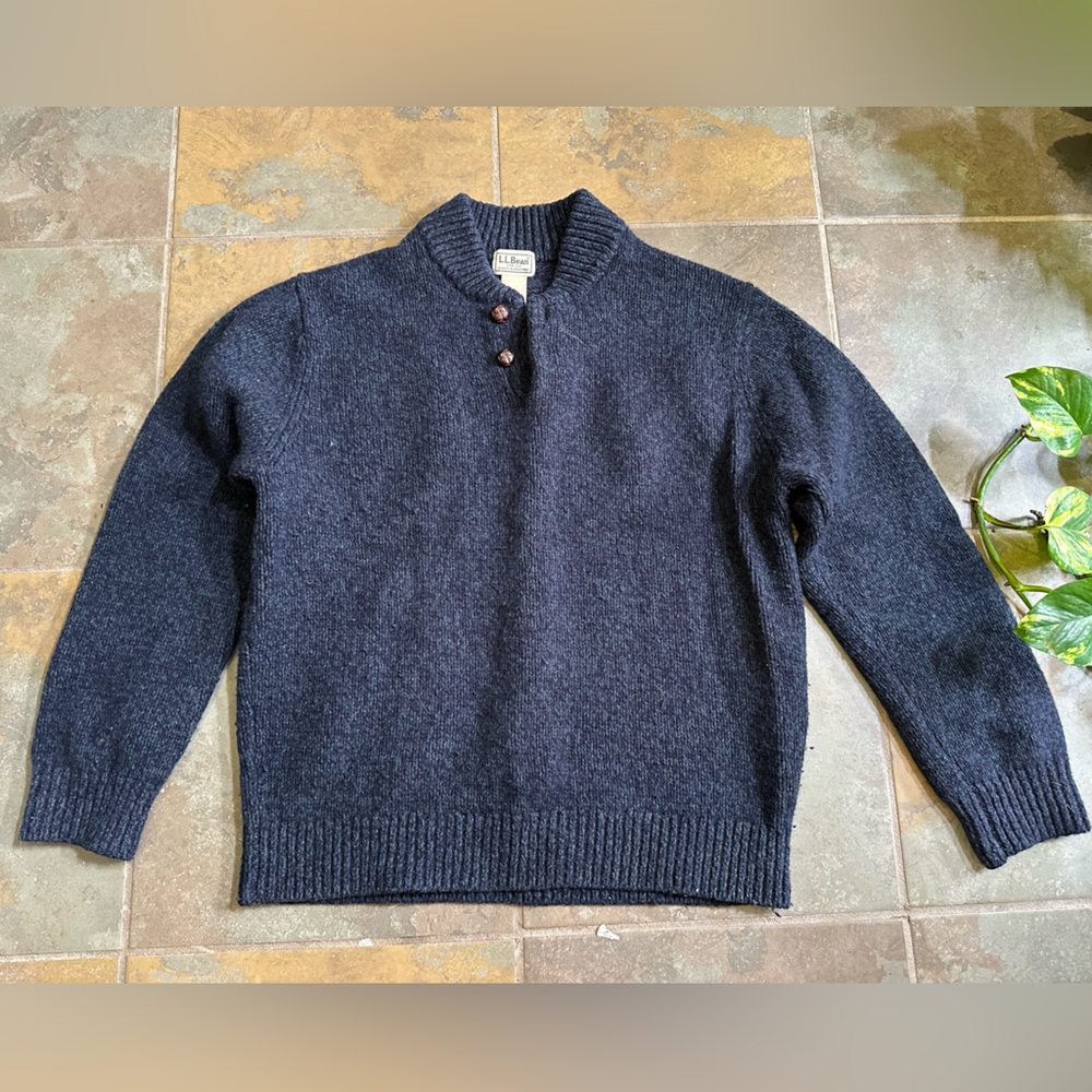 Vintage L. L. BEAN Sweater Men L 100% Lambswool Tweed Blue Green Button